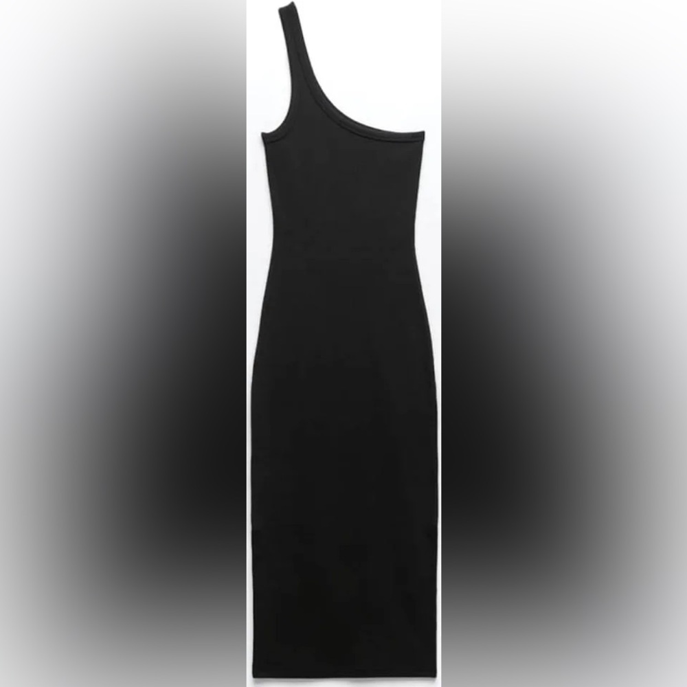 ZARA Ribbed One Shoulder Midi Dress in Black - Picture 2 of 5